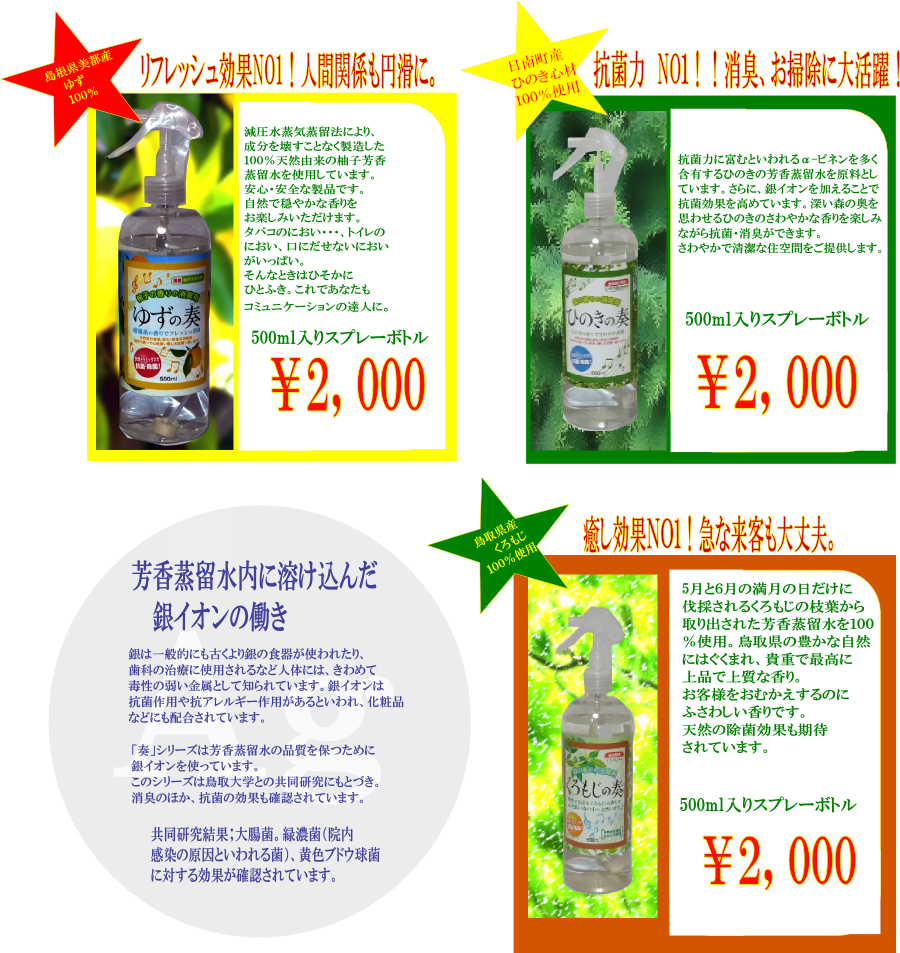 奏シリーズのお値段のご案内・ひのき、くろもじ、ゆずともすべて５００mlスプレーボトル入り２０００円。銀イオンの働きで保存が利くほか、抗菌力がアップします