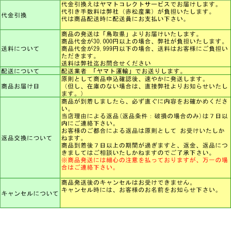 代金引換・
 代金引換えはヤマトコレクトサービスでお届けします。代引き手数料は弊社（赤松産業）が負担いたします。 代金は商品配送時に配送員にお支払い下さい。・送料について商品の発送は「鳥取県」よりお届けいたします。商品代金が30,000円以上の場合、弊社が負担いたします。商品代金が29,999円以下の場合、送料はお客様にご負担いただきます/ 送料は弊社迄お問合せください。・配送について配送業者 「ヤマト運輸」でお送りします。・商品お届け日 原則として商品申込確認後、速やかに発送します。（但し、在庫のない場合は、直接弊社よりお知らせいたします。）・返品交換について	商品が到着しましたら、必ず直ぐに内容をお確かめください。
 当店理由による返品(返品条件：破損の場合のみ)は７日以内にご連絡下さい。お客様のご都合による返品は原則として お受けいたしかねます。商品到着後７日以上の期間が過ぎますと、返金、返品につきましてはご相談いたしかねますのでご了承下さい。・商品発送には細心の注意を払っておりますが、万一の場合はご連絡下さい。・キャンセルについて商品発送後のキャンセルはお受けできません。 キャンセル時には、お客様のお名前をお知らせ下さい。